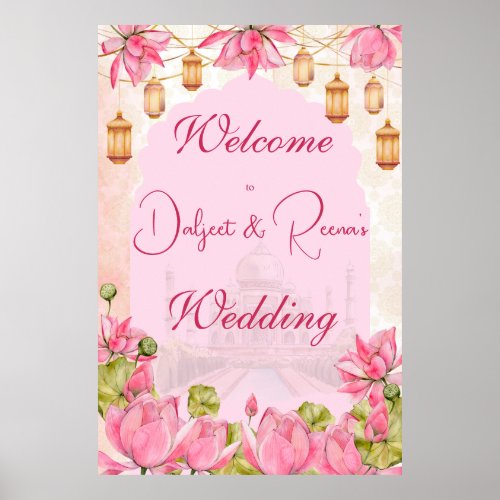 Pink lotus Indian wedding welcome sign