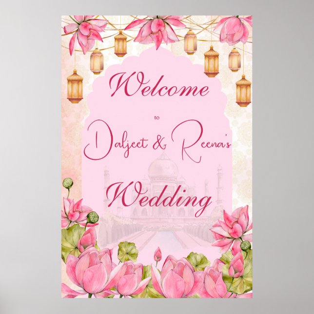 Pink lotus Indian wedding welcome sign (Front)