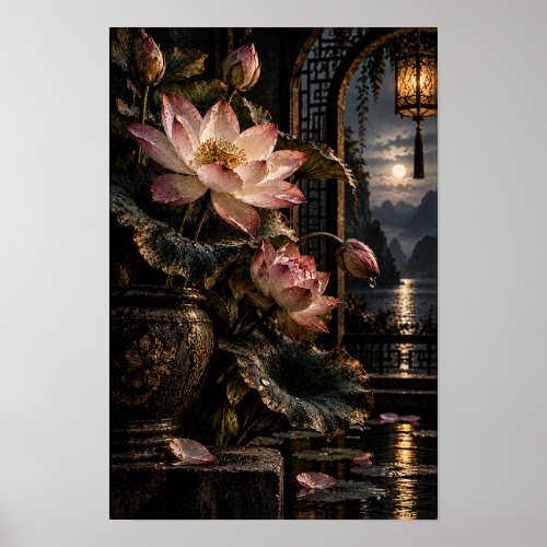 Pink Lotus Moonlit Lantern Garden Wall Art