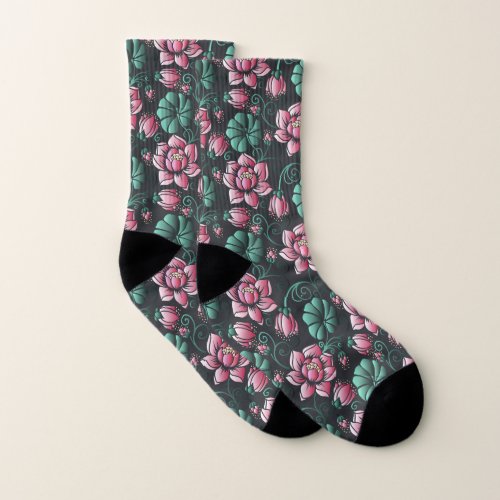 Pink Lotus motif elegant floral pattern Socks