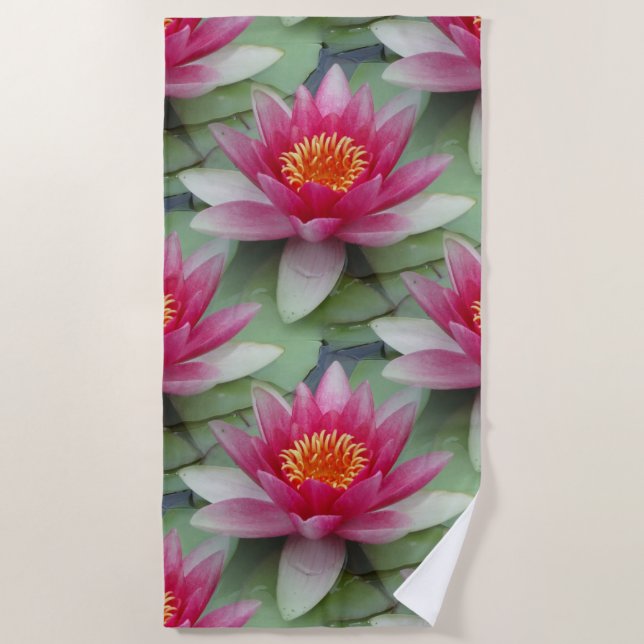 Pink Lotus Water Lily Beach Towel (Front)