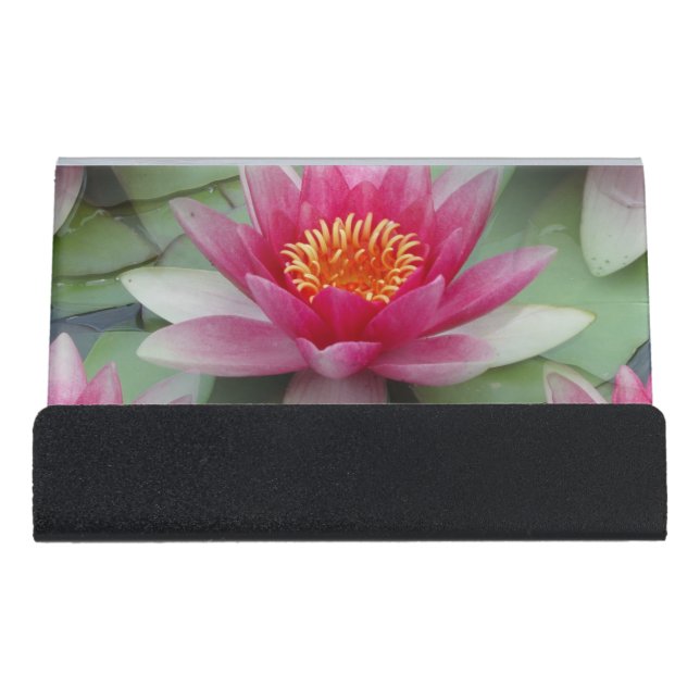 Pink Lotus Water Lily Desk Business Card Holder (Front)
