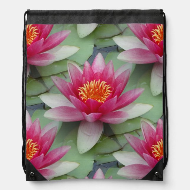 Pink Lotus Water Lily Drawstring Backpack (Front)
