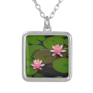 Pink lotus water lily flower garden, silver plated necklace