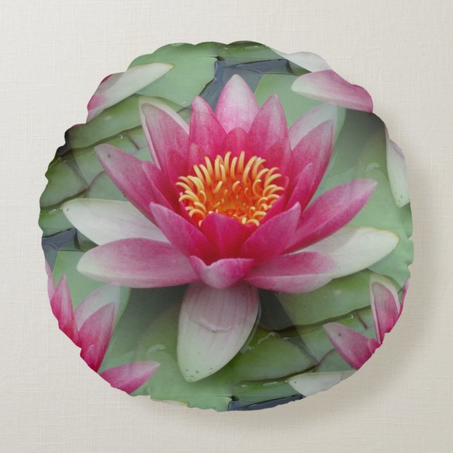 Pink Lotus Water Lily Round Pillow (Front)