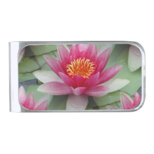 Pink Lotus Water Lily Silver Finish Money Clip