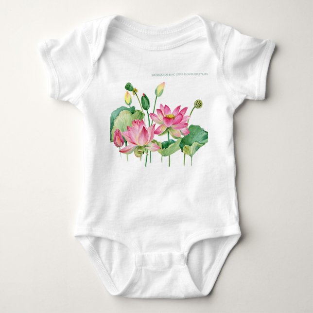 Pink Lotus Watercolor Border Baby Bodysuit (Front)