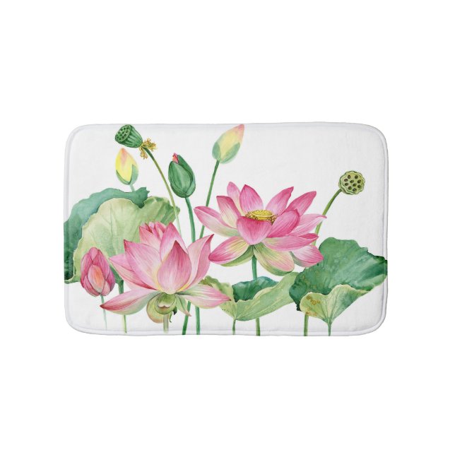 Pink Lotus Watercolor Border Bath Mat (Front)