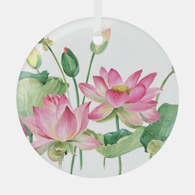 Pink Lotus Watercolor Border Glass Ornament (Front)