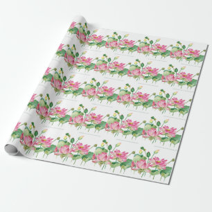 Pink Lotus Watercolor Border Wrapping Paper