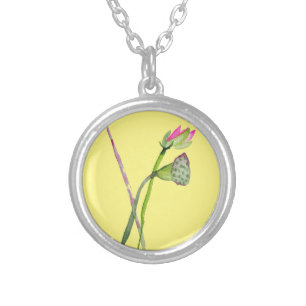 Pink Lotus Zen flower Buddhist Art Silver Plated Necklace