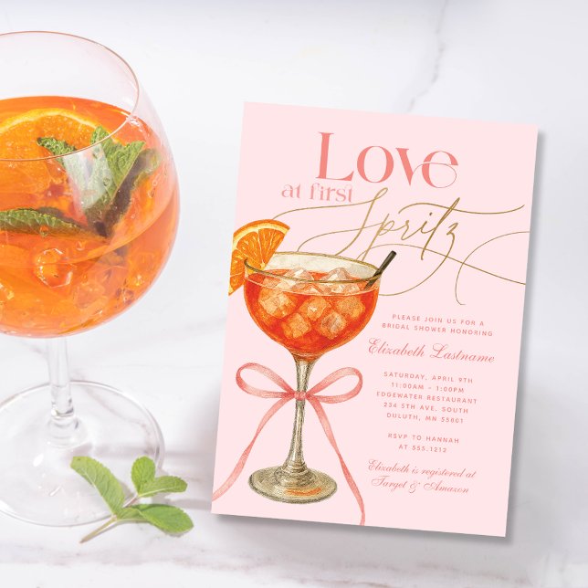 Pink Love at First Spritz Bridal Shower Invitation (Elegant Pink Orange Aperol Spritz Bridal Shower Invitation)