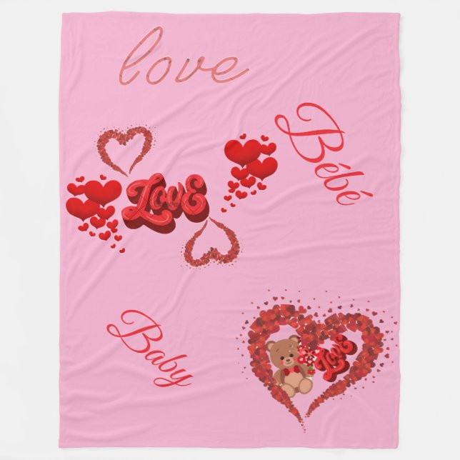 Pink Love & Baby Blanket with Teddy Bear and Heart (Front)