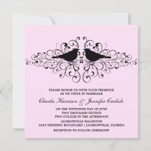 Pink Love Bird Swirls Wedding Invitation