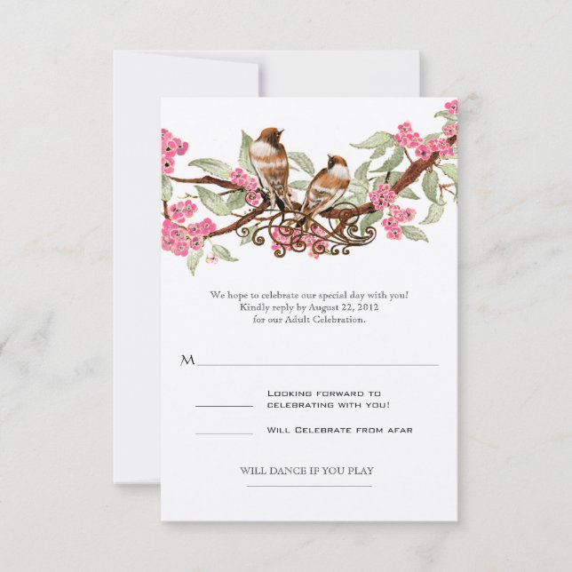 Pink Love Bird Wedding RSVP Card (Front)