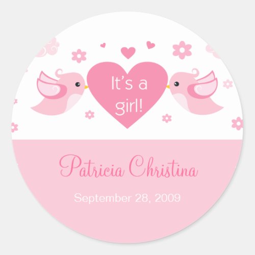 Pink Love Birds Baby Birth Announcement Classic Round Sticker