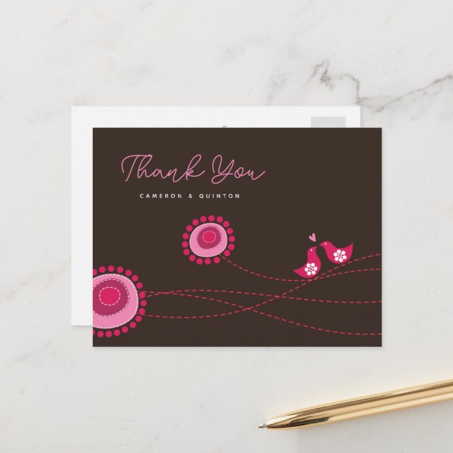 Pink Love Birds & Dotted Flowers Whimsical Wedding Postcard (Front/Back In Situ)