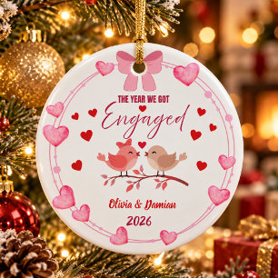 Pink Love Birds Engaged Christmas Ceramic Ornament