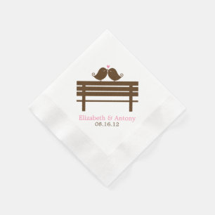 Pink Love Birds on Park Bench Wedding Paper Napkins