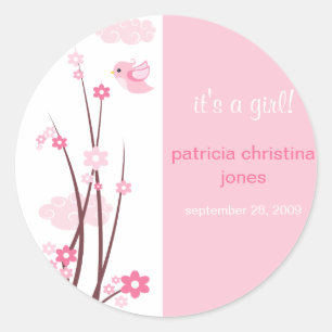 Pink Love Birds Spring Flowers Baby Announcement Classic Round Sticker