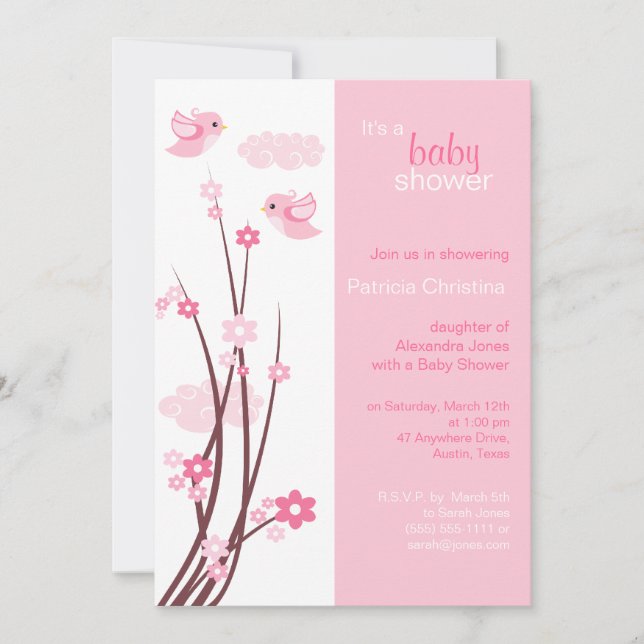 Pink Love Birds Spring Flowers Baby Shower Invitation (Front)