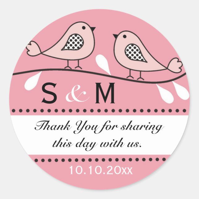 Pink Love Birds Wedding Favor Monogrammed Classic Round Sticker (Front)