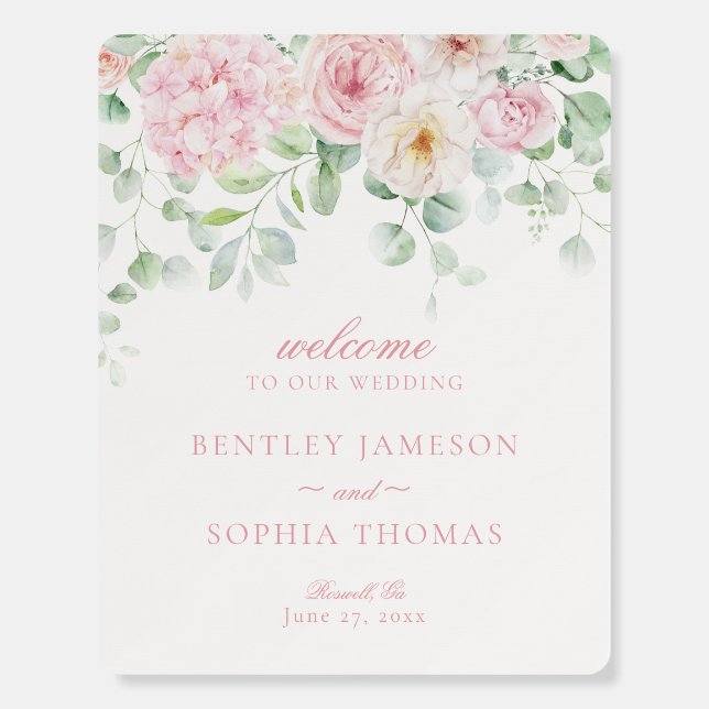 Pink Love Bloom Floral Hydrangea Wedding Welcome Foam Board (Front)