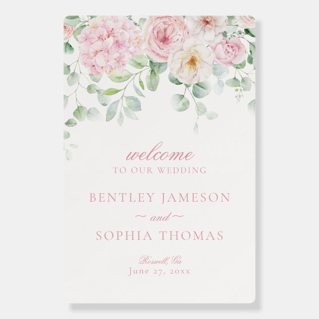 Pink Love Bloom Floral Hydrangea Wedding Welcome Foam Board (Front)