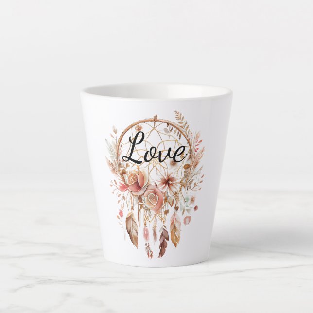 Pink Love Boho Floral Feathers Dream Catcher Latte Mug (Front)