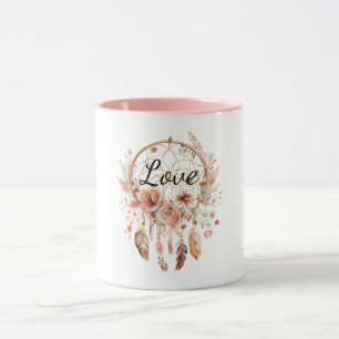 Pink Love Boho Floral Feathers Dream Catcher Mug
