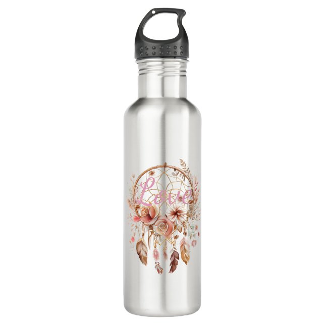 Pink Love Boho Floral Feathers Dream Catcher Stainless Steel Water Bottle (Front)