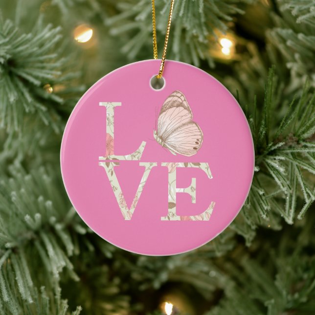Pink Love Butterfly Floral Ceramic Ornament (Tree)