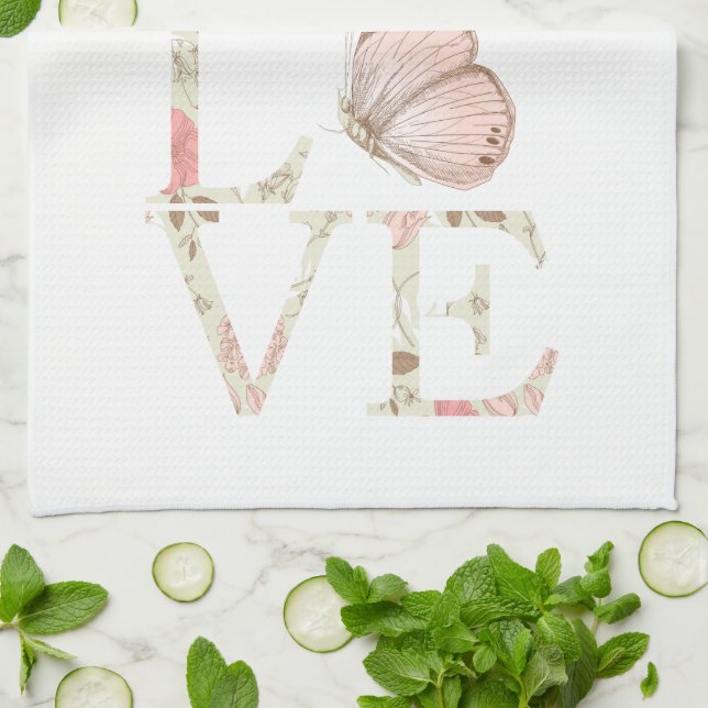 Pink Love Butterfly Floral Kitchen Towel (Folded)