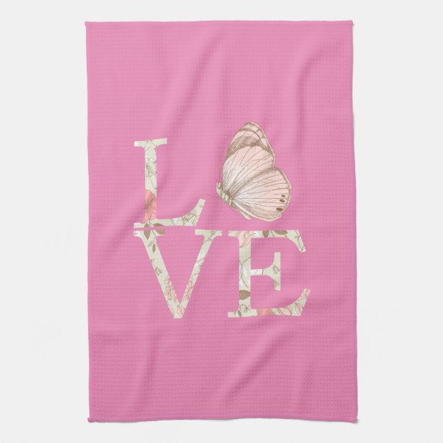 Pink Love Butterfly Floral Kitchen Towel (Vertical)