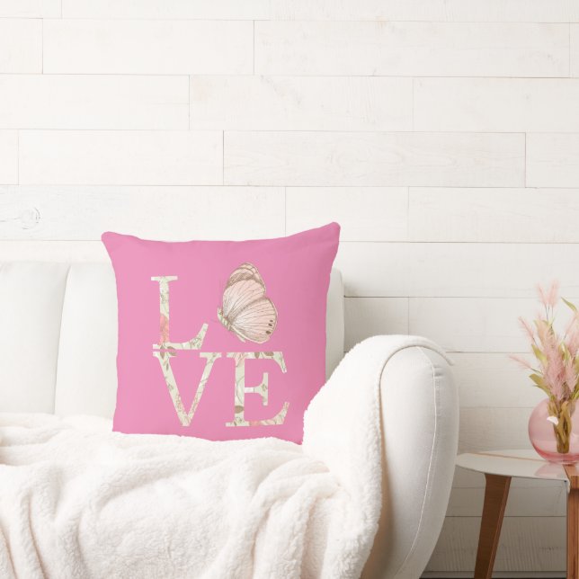 Pink Love Butterfly Floral Throw Pillow (Couch)