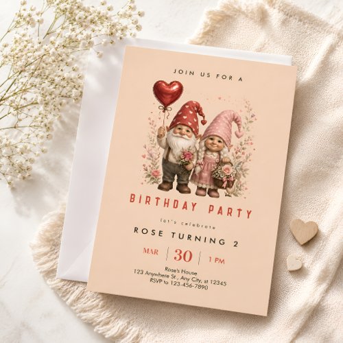 Pink Love Gnome Birthday Party Invitation