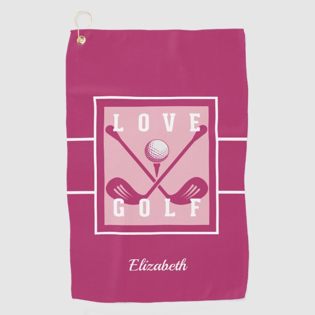 Pink LOVE GOLF Modern Monogram Personalized Towel (Front)