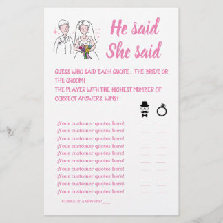 PINK LOVE HE SAID SHE SAID SHOWER GAME CARD FLYER