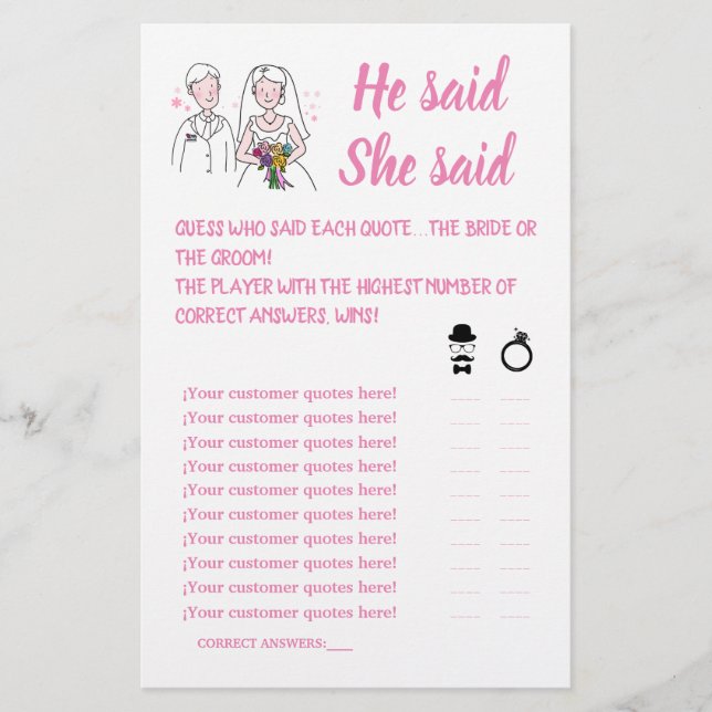 PINK LOVE HE SAID SHE SAID SHOWER GAME CARD FLYER (Front)