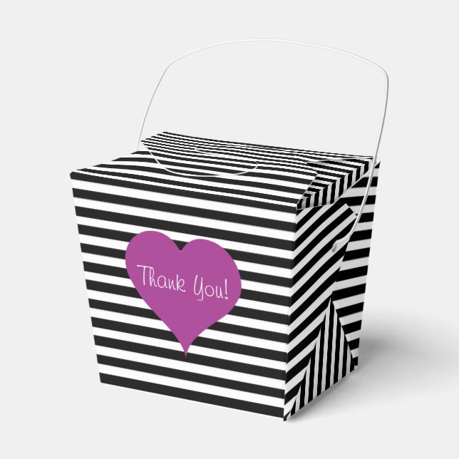 Pink Love Heart Black & White Striped Pattern Name Favor Boxes (Front Side)