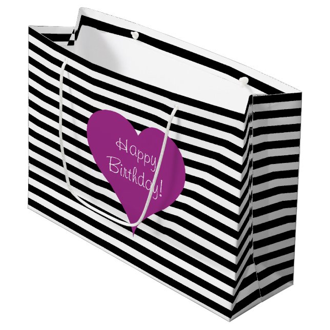 Pink Love Heart Black & White Striped Pattern Text Large Gift Bag (Front Angled)