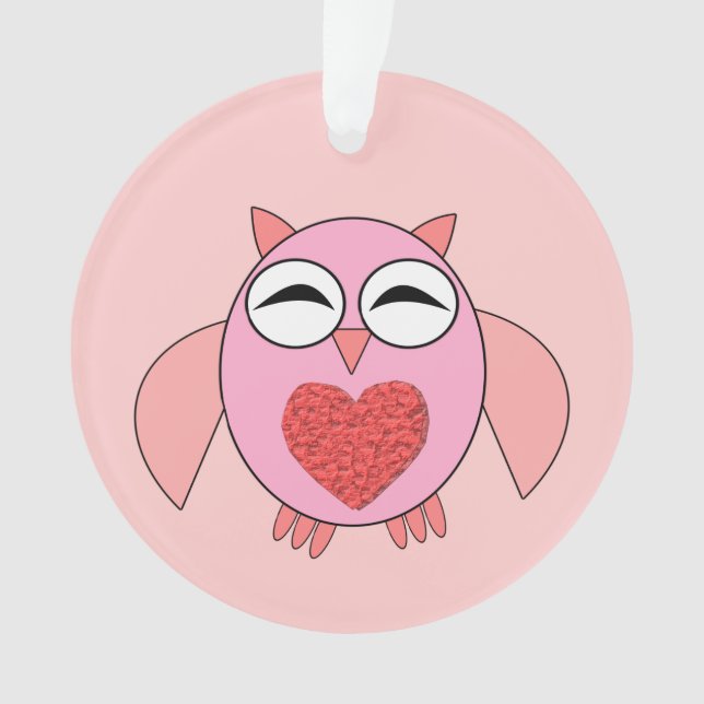 Pink Love Heart Owl Acrylic Ornament (Front)