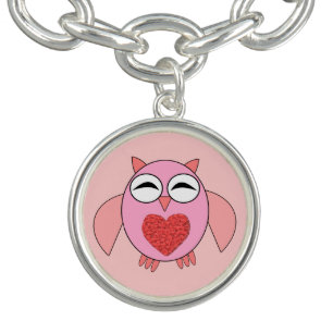 Pink Love Heart Owl Charm Bracelet