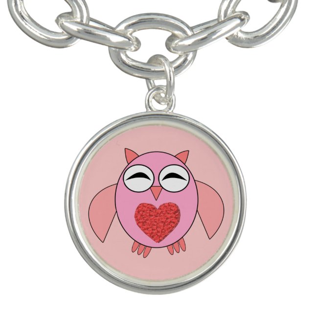 Pink Love Heart Owl Charm Bracelet (Design)