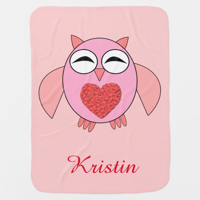 Pink Love Heart Owl Custom Baby Blanket (Front)