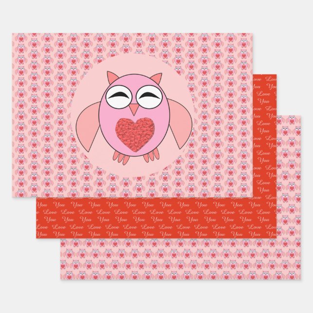 Pink Love Heart Owl Custom Wrapping Paper Sheets (Set)