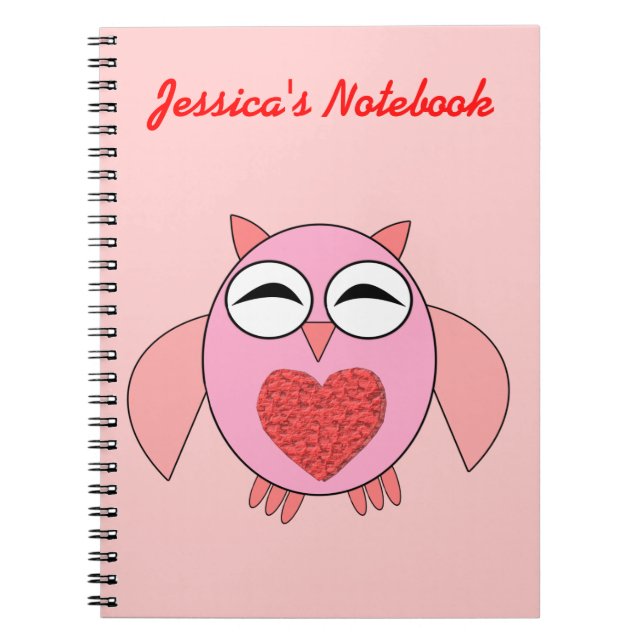 Pink Love Heart Owl Customizable Notebook (Front)