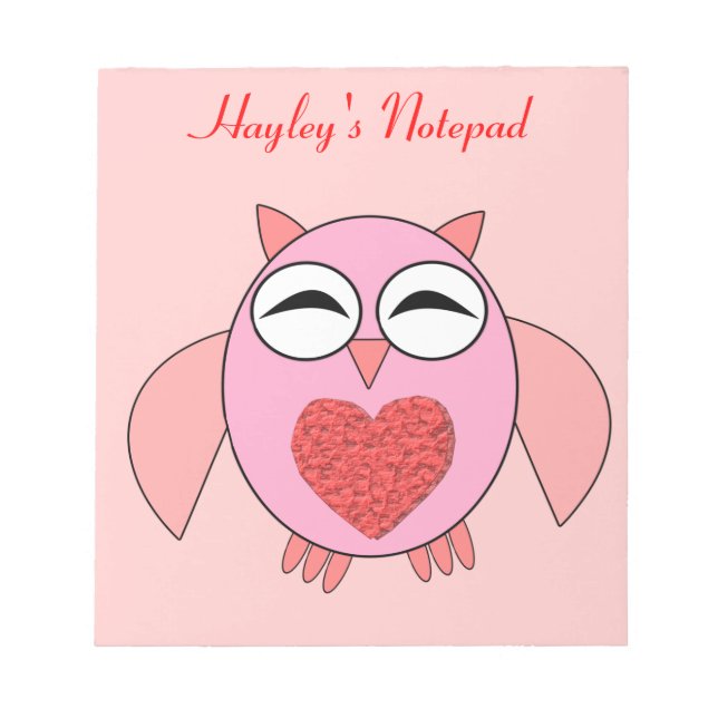 Pink Love Heart Owl Customizable Notepad (Front)