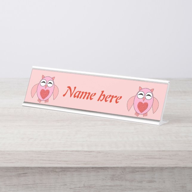 Pink Love Heart Owl Desk Name Plate (Front)