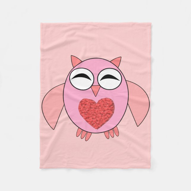 Pink Love Heart Owl Fleece Blanket (Front)